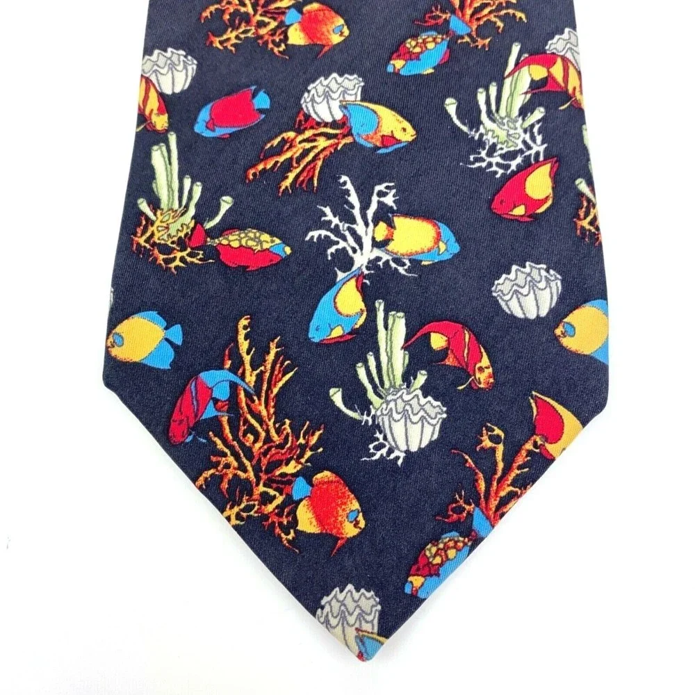 BEAUFORT Tie Rack Black Multicolor Fish Animal 100% Silk Necktie Made in Italy